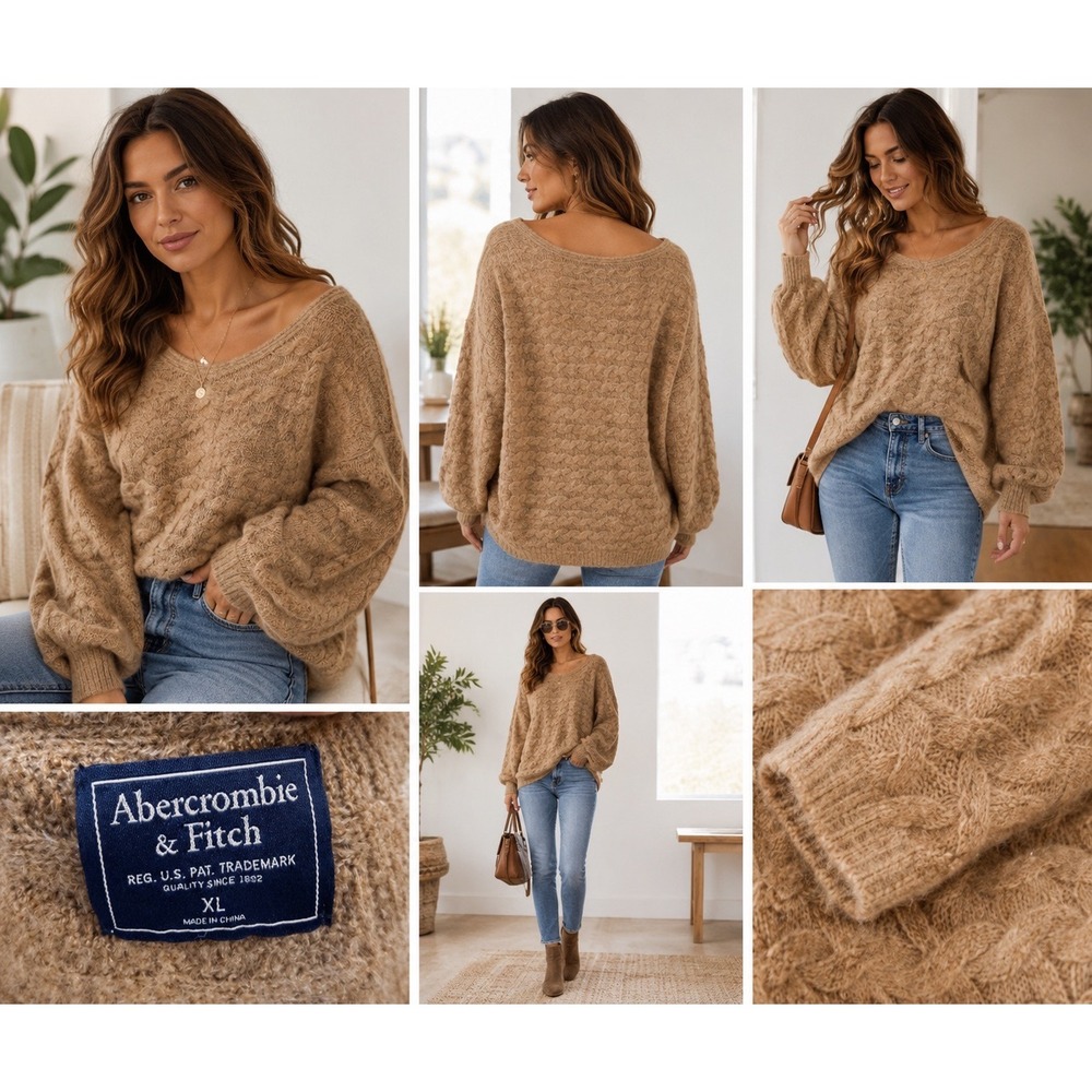 Abercrombie & Fitch Camel Tan Cable Knit Scoop‎ Neck Balloon Sleeve Sweater XL